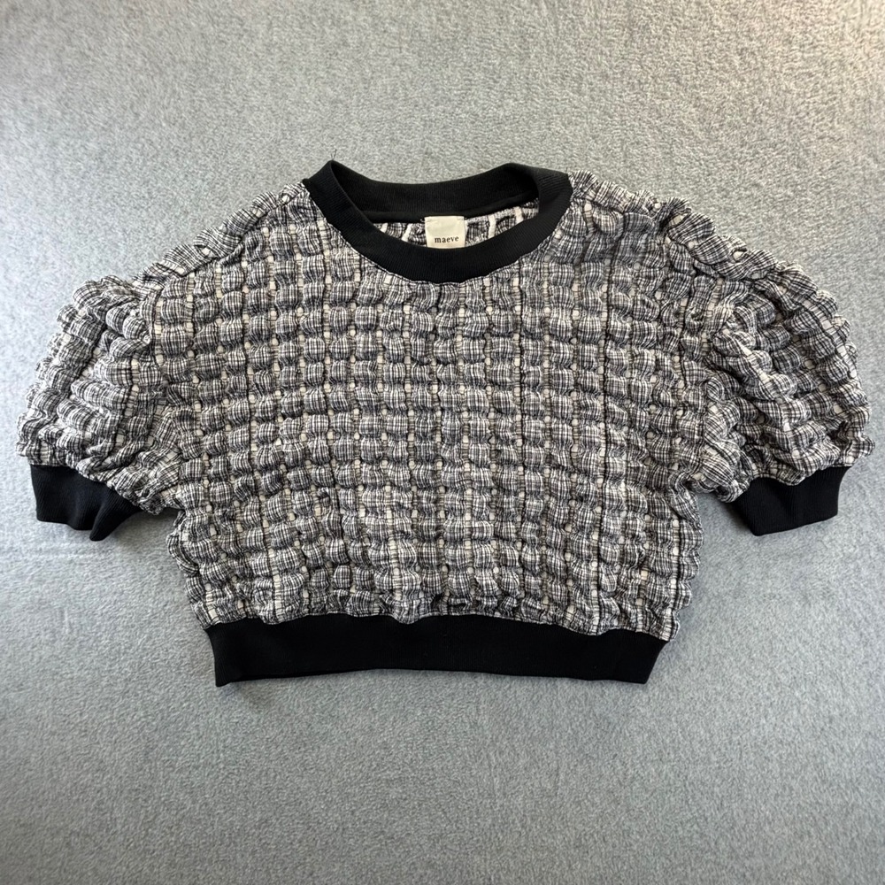 Maeve Anthropologie Top Womens XSP‎ Black White Textured Puff Sleeve Seersucker